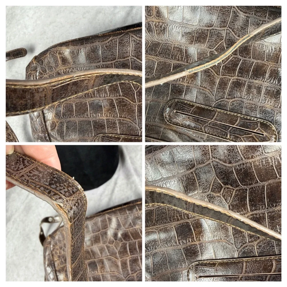 Vtg Y2K Nine West Brown Croc Embossed Faux Leather Purse Crossbody Silver Tonr